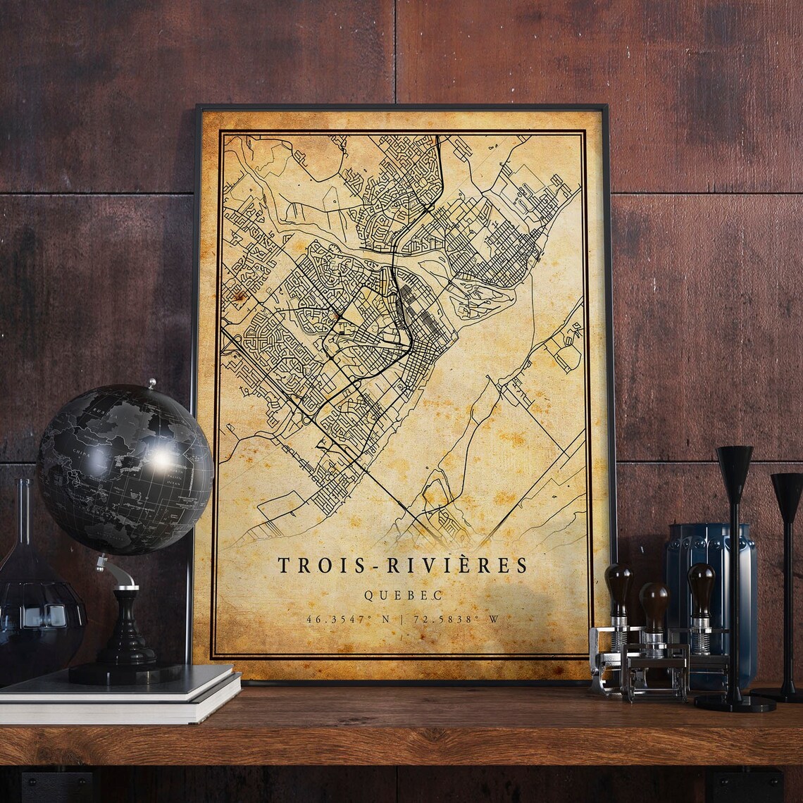 Trois Rivieres Quebec Aged Parchment Vintage City Map Poster