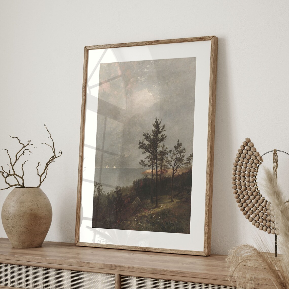 Moody Vintage Seascape Pine Trees on a Cliff and Sailboats Art Poster - Image 4