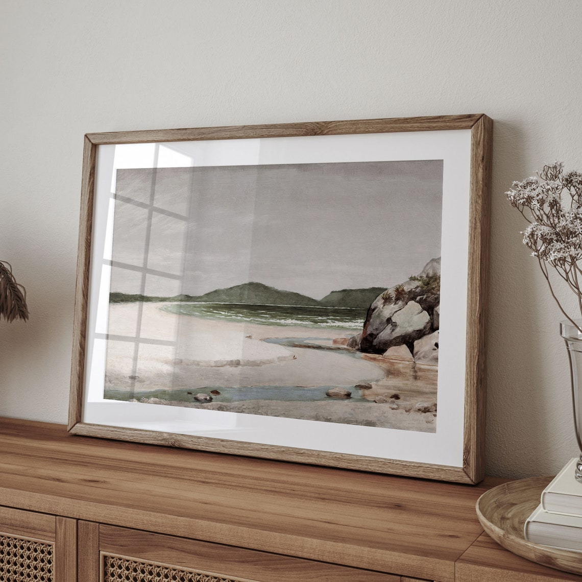 Misty Sandy Cove Green Hills Vintage Coastal Seascape Painting Poster - Image 4