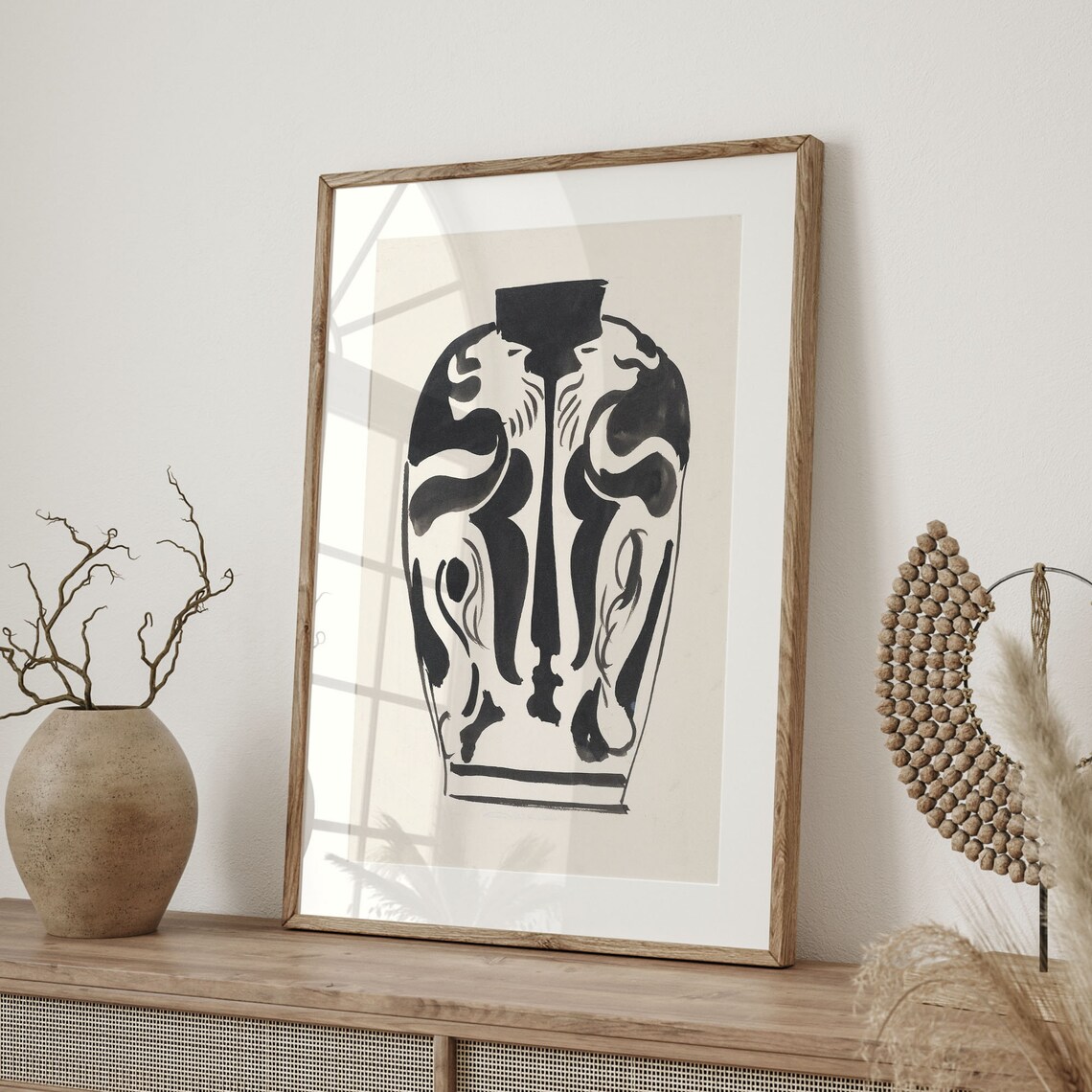 Bold Black Ink Illustration Of Ornate Vase Modernist Style Art Poster - Image 4