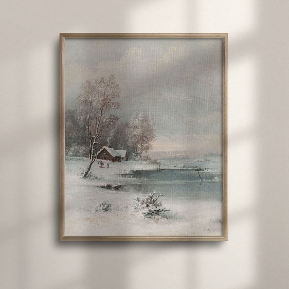 Antique Winter Cabin by Snowy Lake Rustic Oil Painting Poster