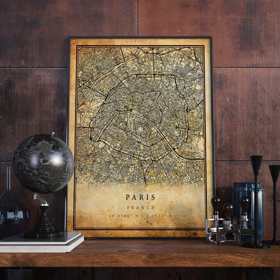 Paris Vintage Map Poster, Antique Rustic Travel Print
