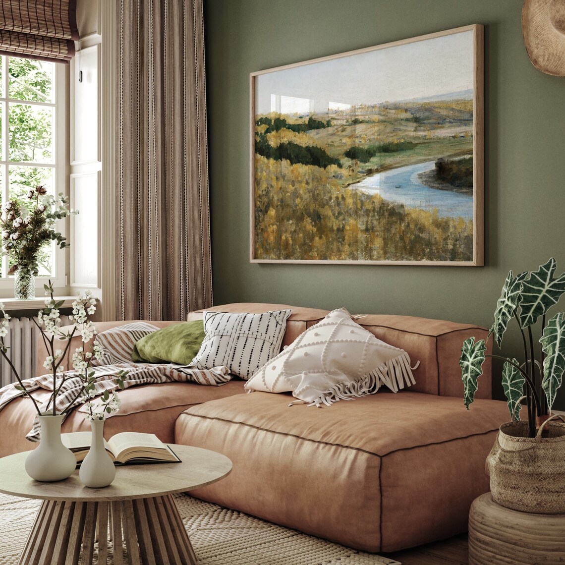 Golden Autumn River Valley Vintage Farmhouse Landscape Painting Poster - Image 2