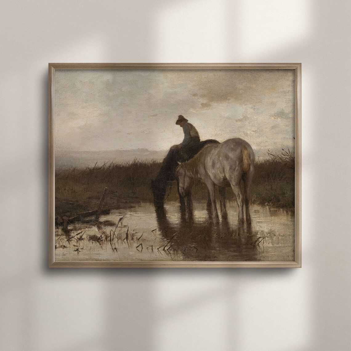Vintage White Horse Rider Watering Pond Dusk Equestrian Poster
