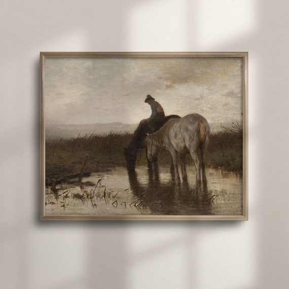 Vintage Horse Oil Painting Farmhouse Wall Art Panoramic Moody Landscape Long Narrow Dark Print C16 269