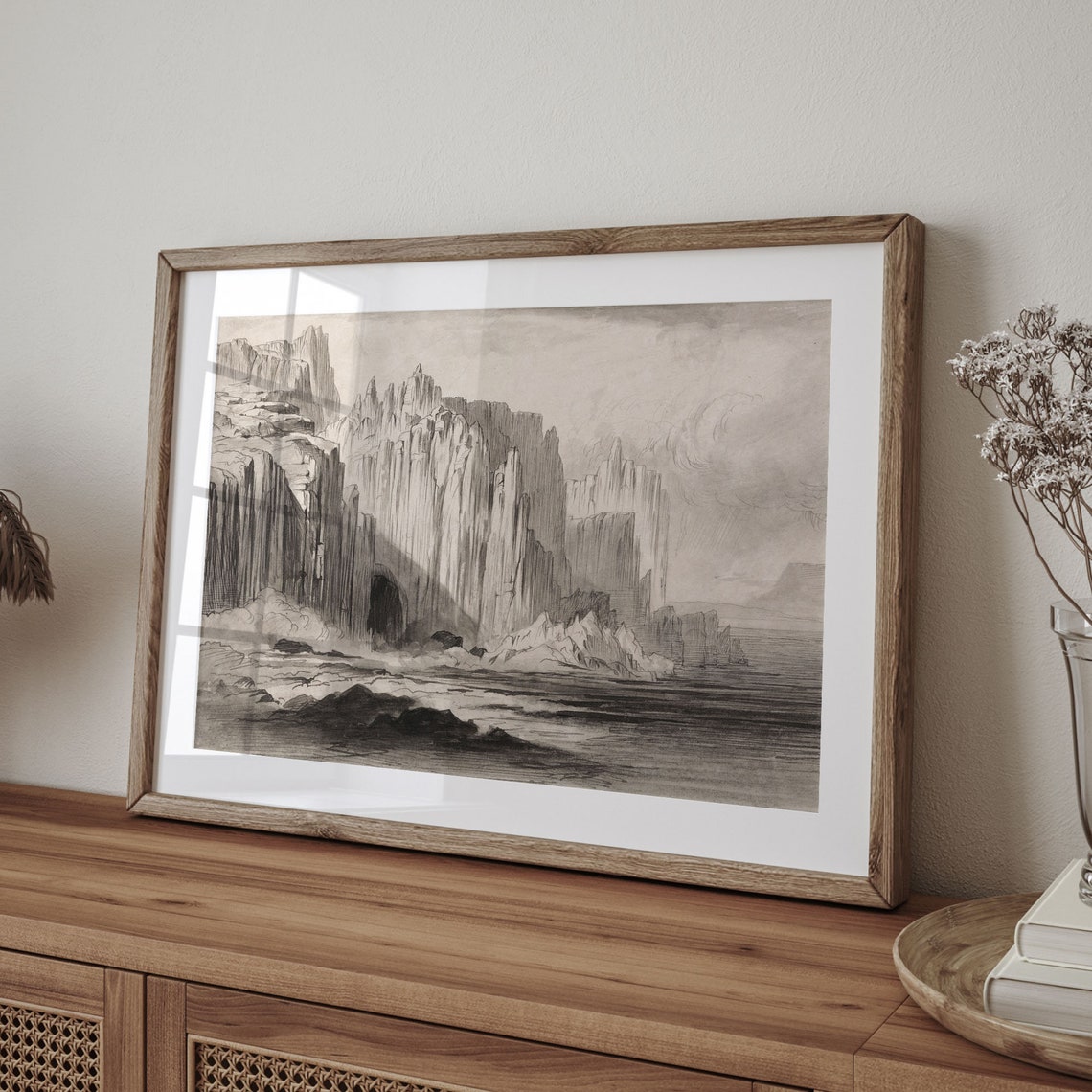 Dramatic Sea Cliffs Sepia Antique Coastal Etching Drawing Poster - Image 4