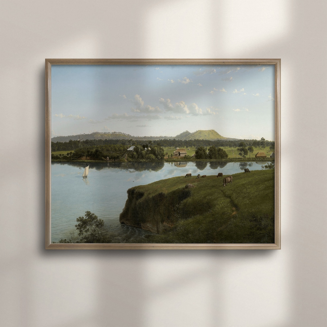 Vintage Lake Panorama Bluff Sailboat Cattle Hills Scene Art Poster