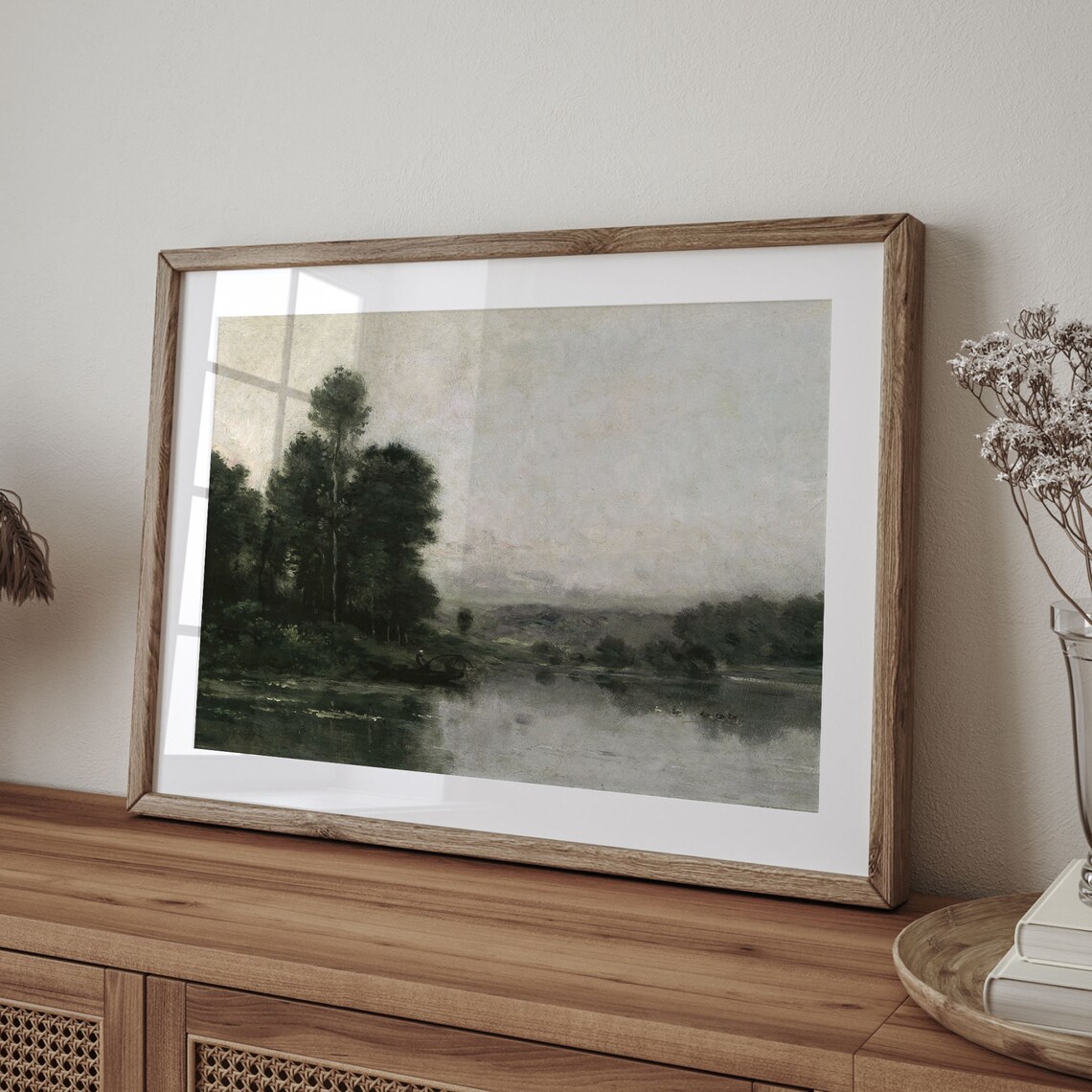 Misty River at Dusk with Dark Trees Vintage Oil Painting Poster - Image 4