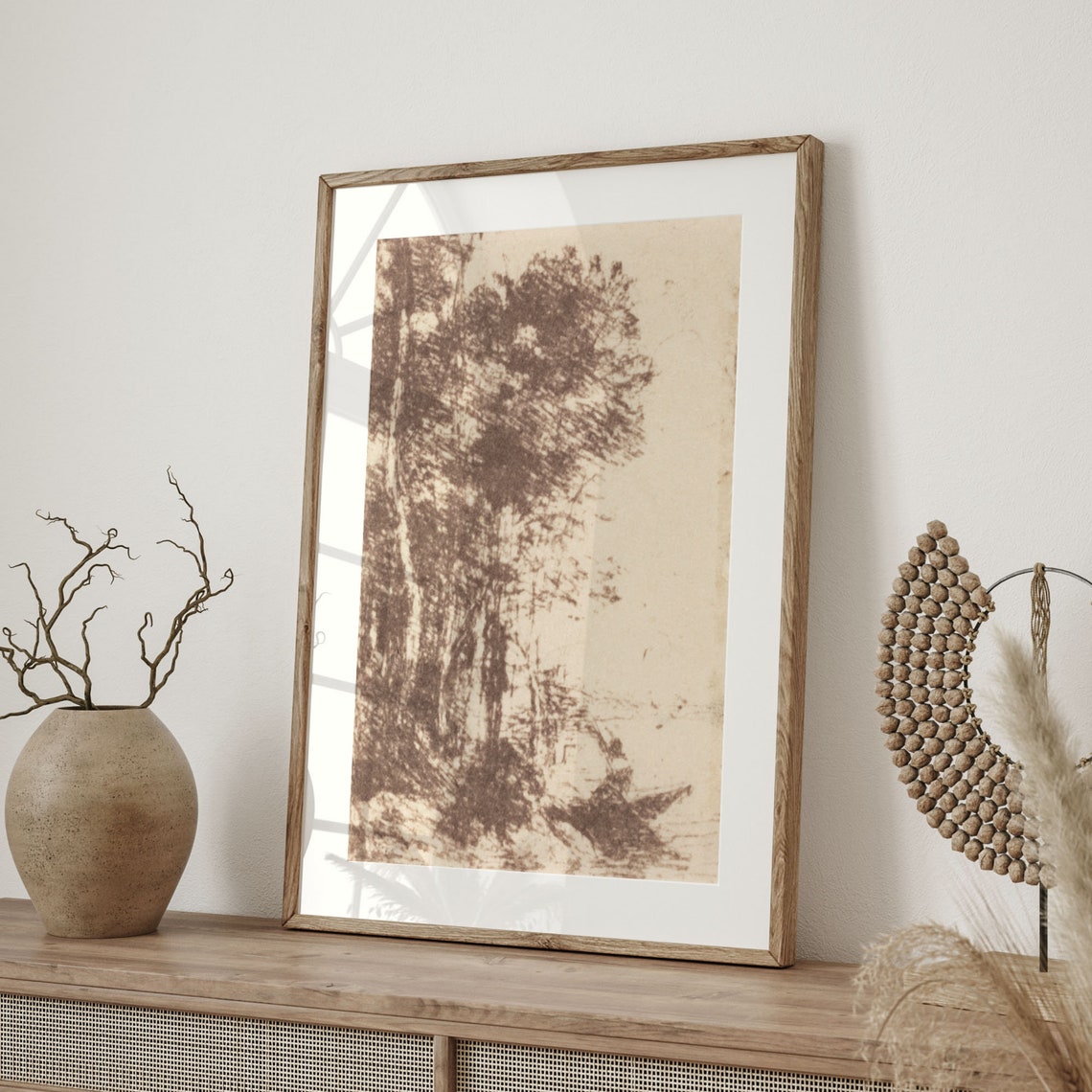 Antique Sepia Landscape Etching of Tall Trees Neutral Wall Art - Image 4