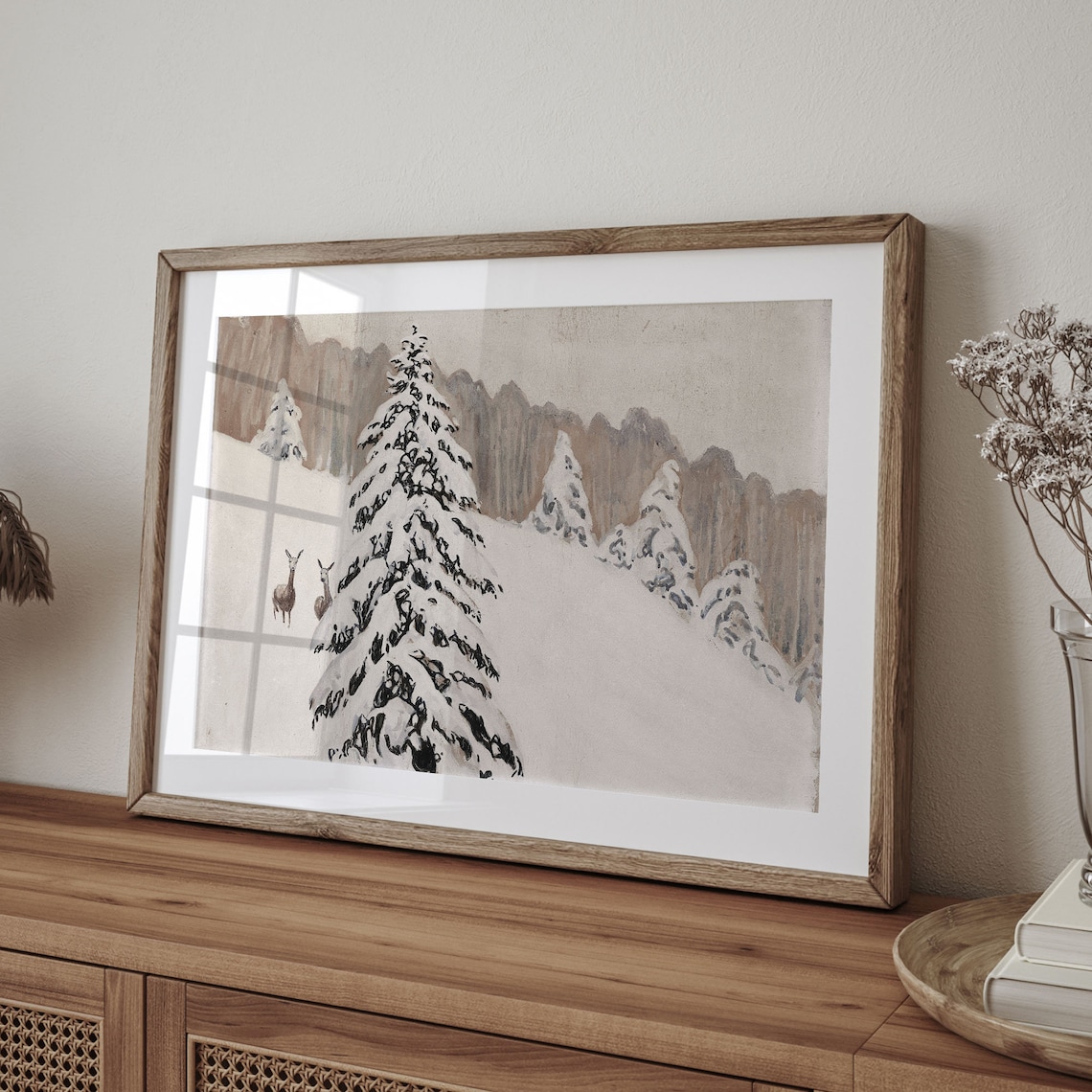 Deer in Snowy Pine Forest Vintage Winter Landscape Painting Poster - Image 4