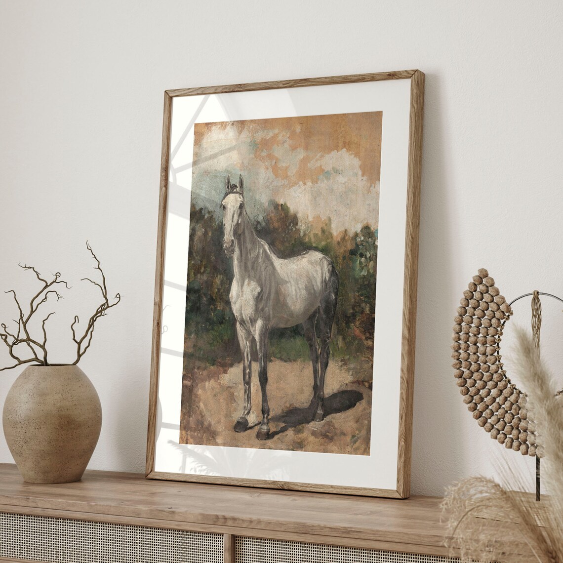 White Horse Standing On Country Path Painterly Equestrian Art Poster - Image 4