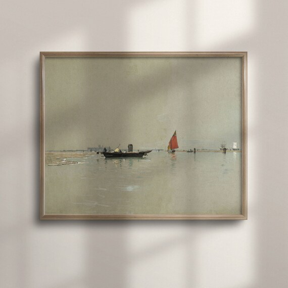 Vintage Fishing Boats on Calm Water Muted Tonal Seascape Poster