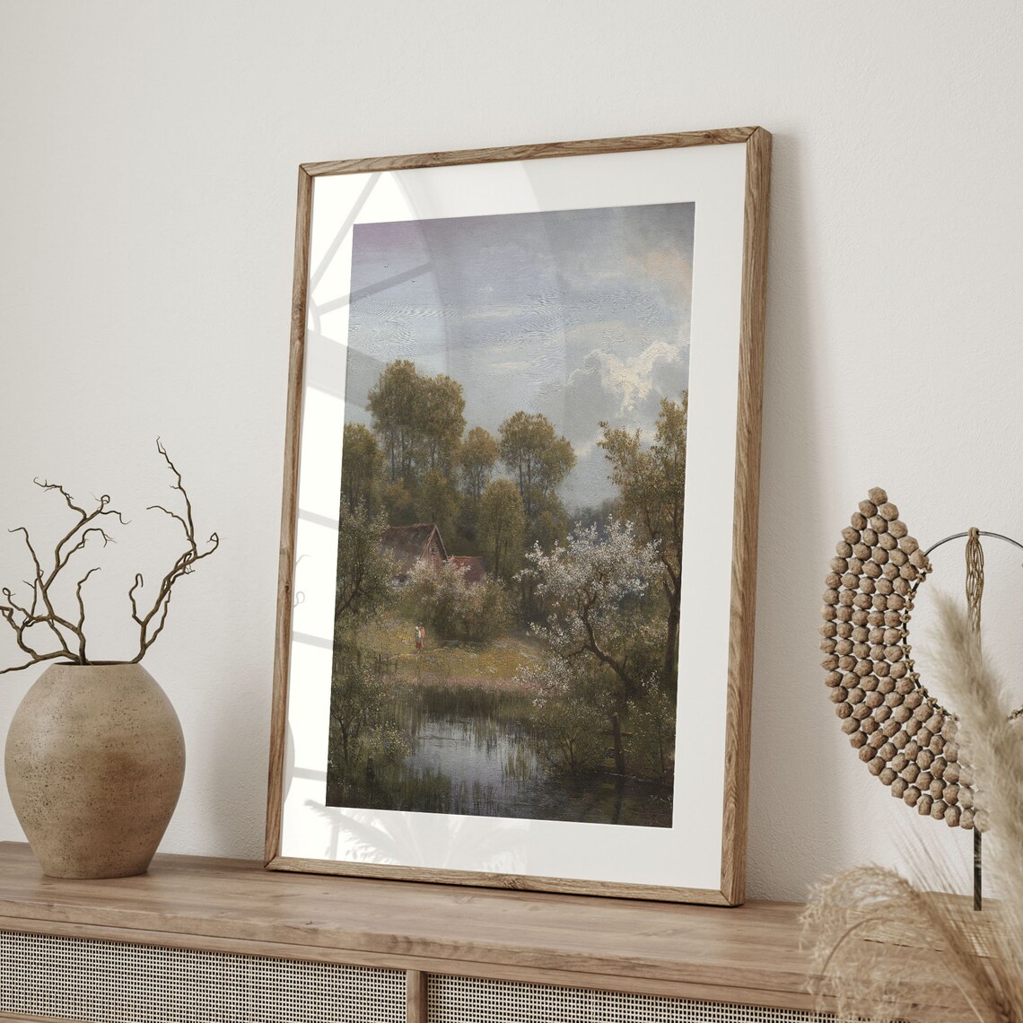 Spring Countryside Cottage Landscape Blooming Trees Pond Vintage Poster - Image 4
