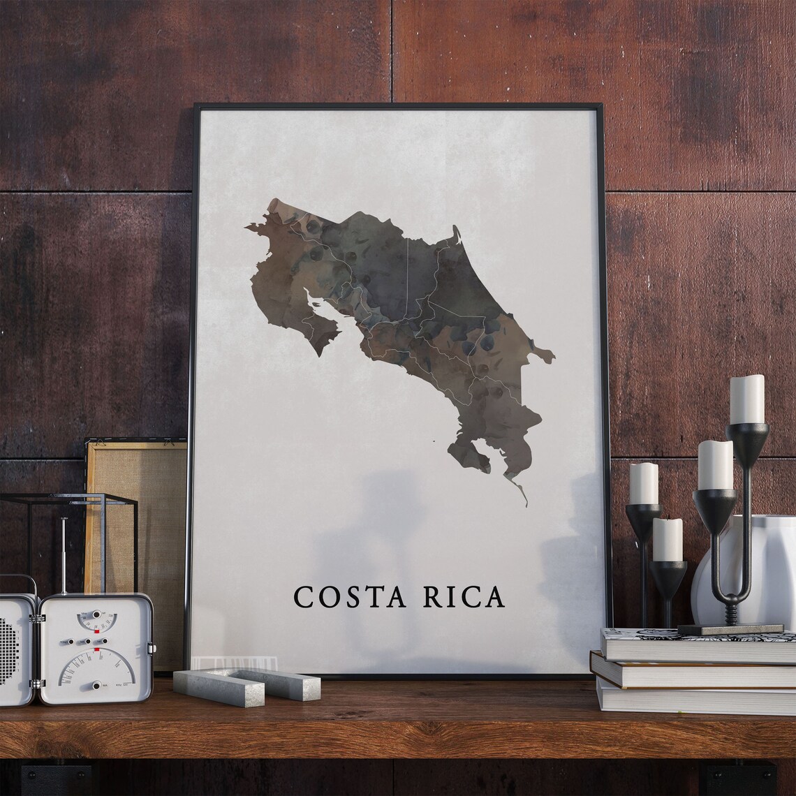 Costa Rica Watercolor Country Silhouette Map Dark Earthy Tones Poster