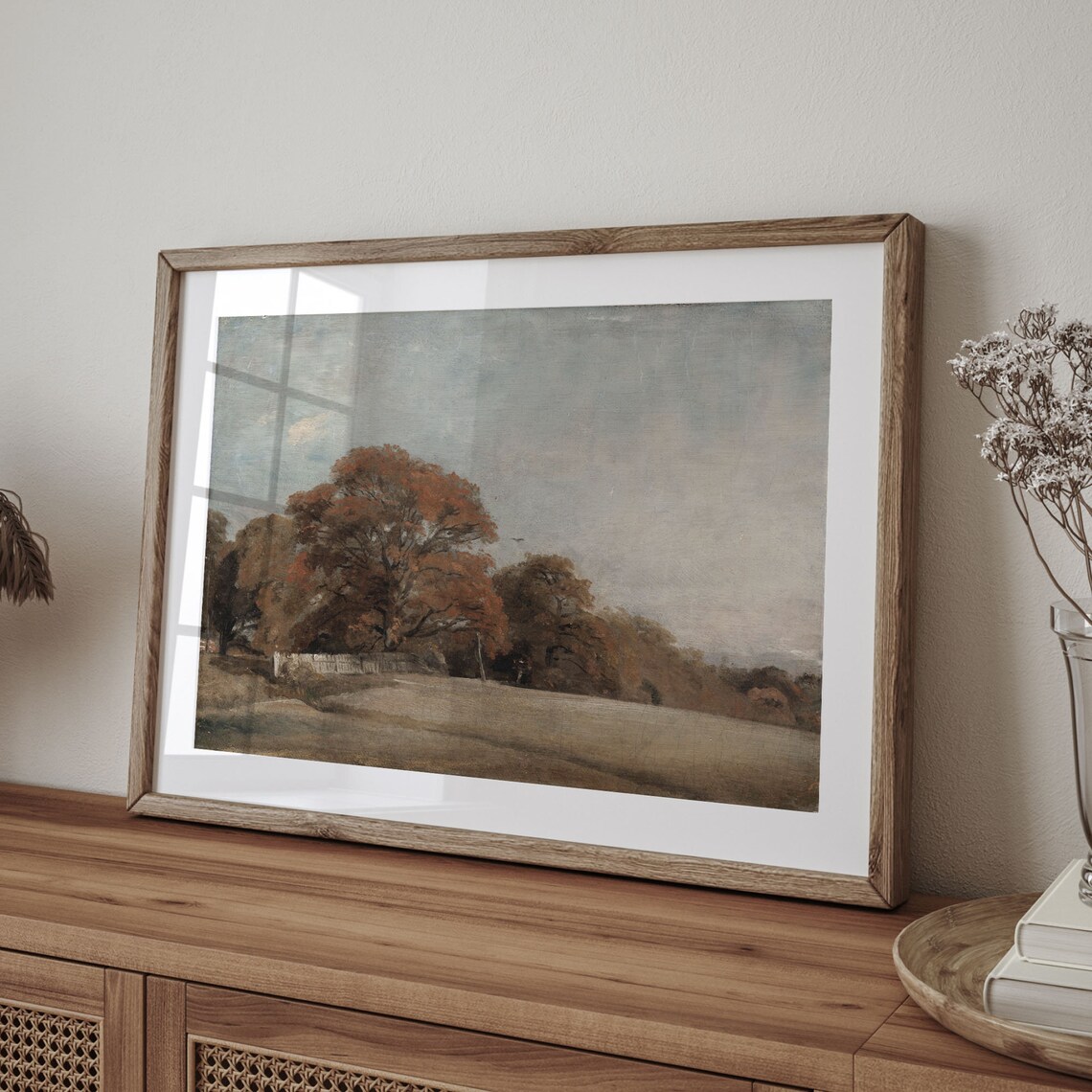 Big Orange Autumn Tree By Fence Open Field Vintage Countryside Painting Poster - Image 4