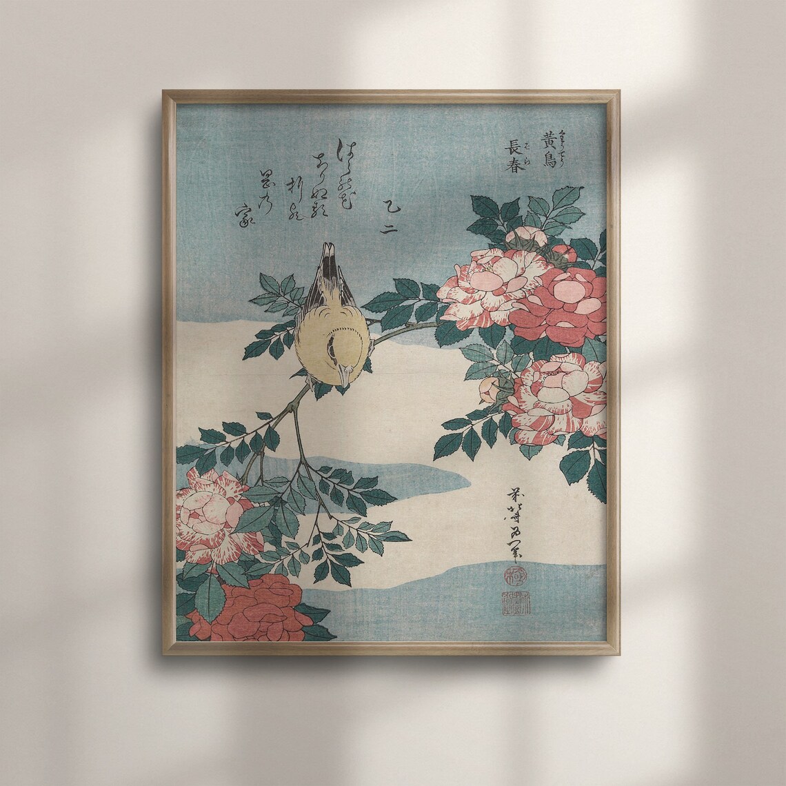 Vintage Warbler and Roses Japanese Ukiyo-e Woodblock Bird Poster