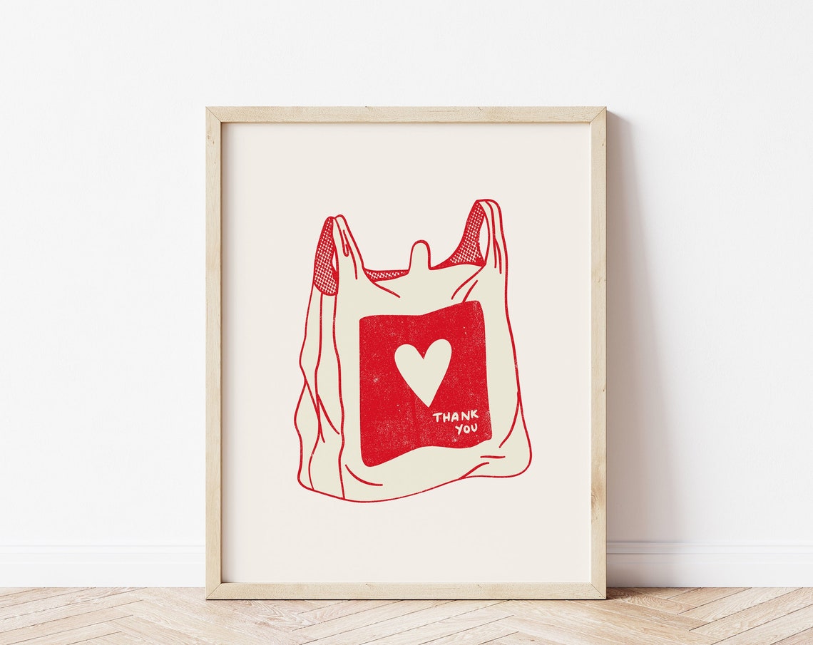 Thank You Grocery Bag Red Heart Line Art Kitchen Decor Wall Print