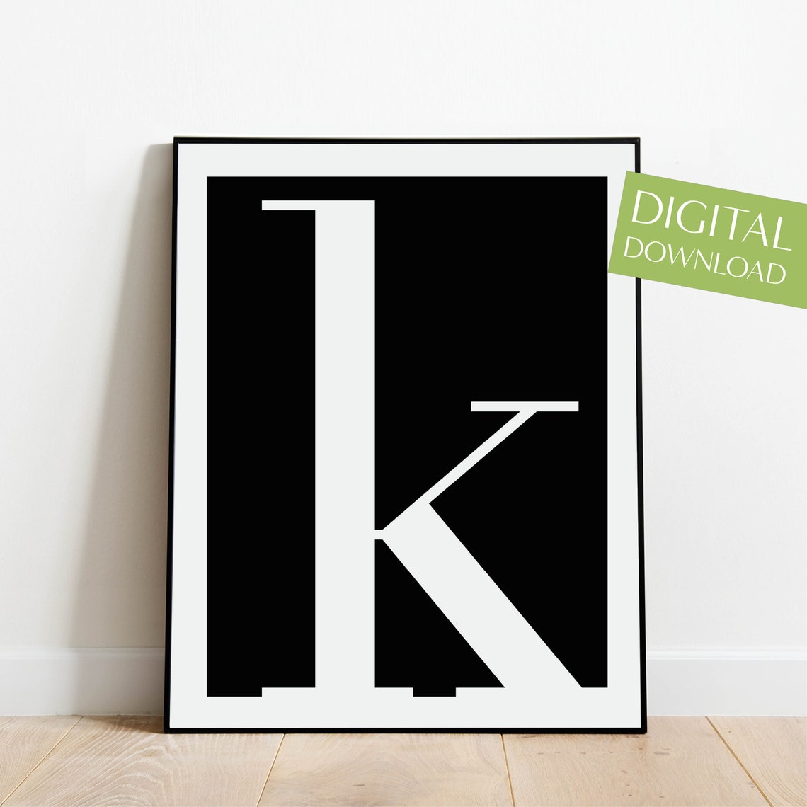 Lowercase Letter K Monogram Poster White on Black Modern Decor