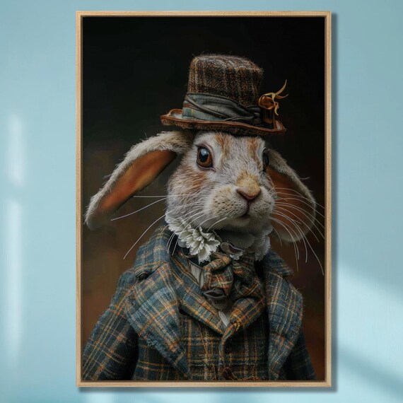 Dapper Gentleman Rabbit In Tweed Top Hat Vintage Portrait Wall Art