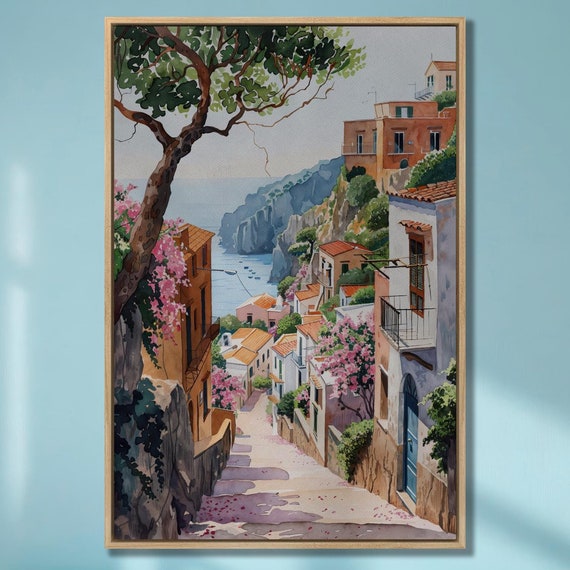 Mediterranean Village Wall Art Coastal View Watercolor Painting Print Quaint Architecture Poster Vertical Summer Decor Ready To Hang