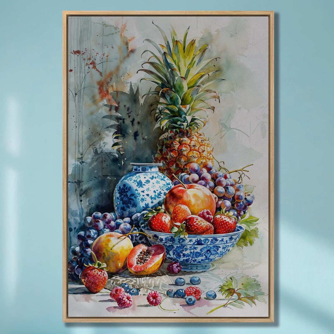 Watercolor Fruit Still Life With Pineapple And Blue Porcelain Poster