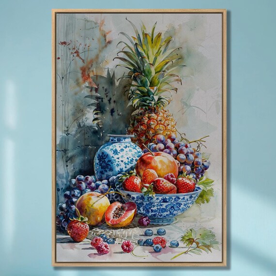 Fruit Assortment Wall Art Still Life Bright Colors Watercolor Painting Print Pineapple Grapes Strawberries Decor Ready To Hang