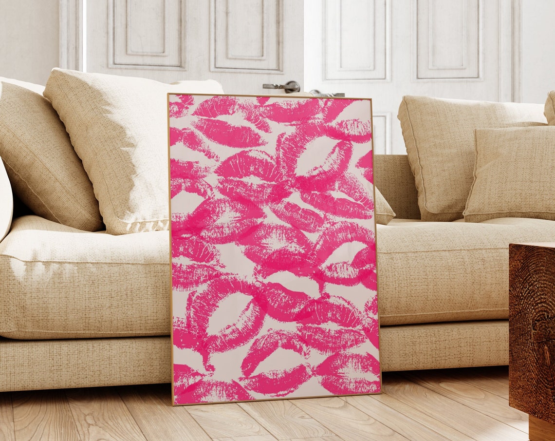 Trendy Lipstick Kisses Print Y2k Funky Wall Art Pink Mouth Kisses Poster Modern Wall Art Woman Print French Kiss Print - Image 3