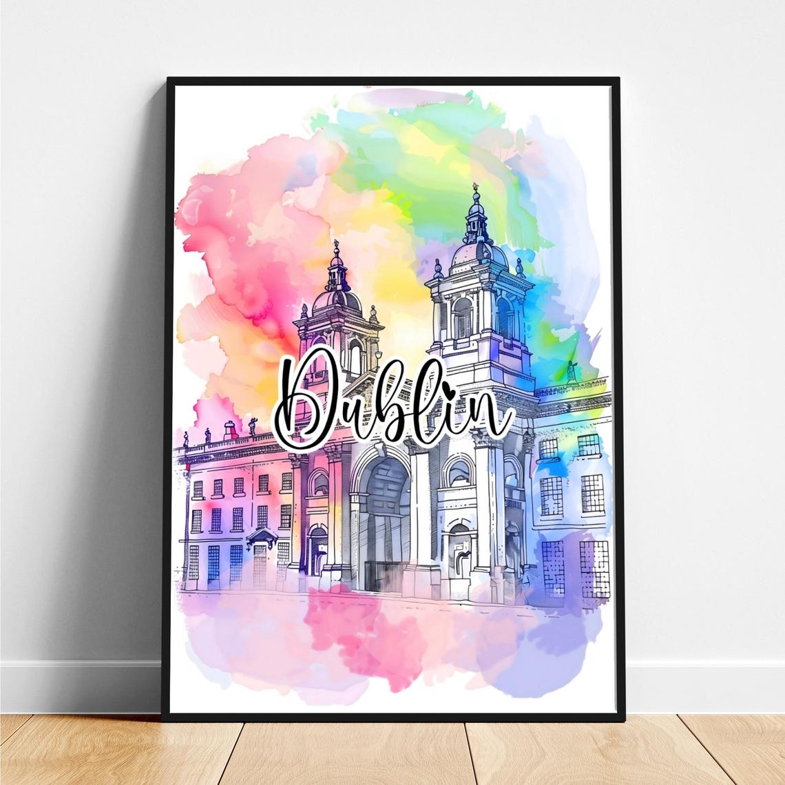 Dublin Historic Building Watercolor Script Lettering Travel Poster