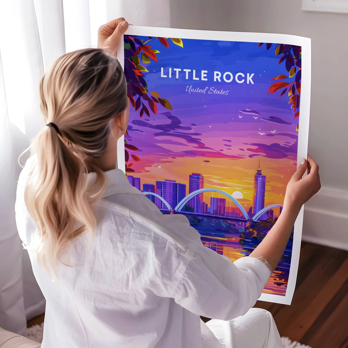 Little Rock Sunset Arched Bridge with River Reflections Poster - Image 3