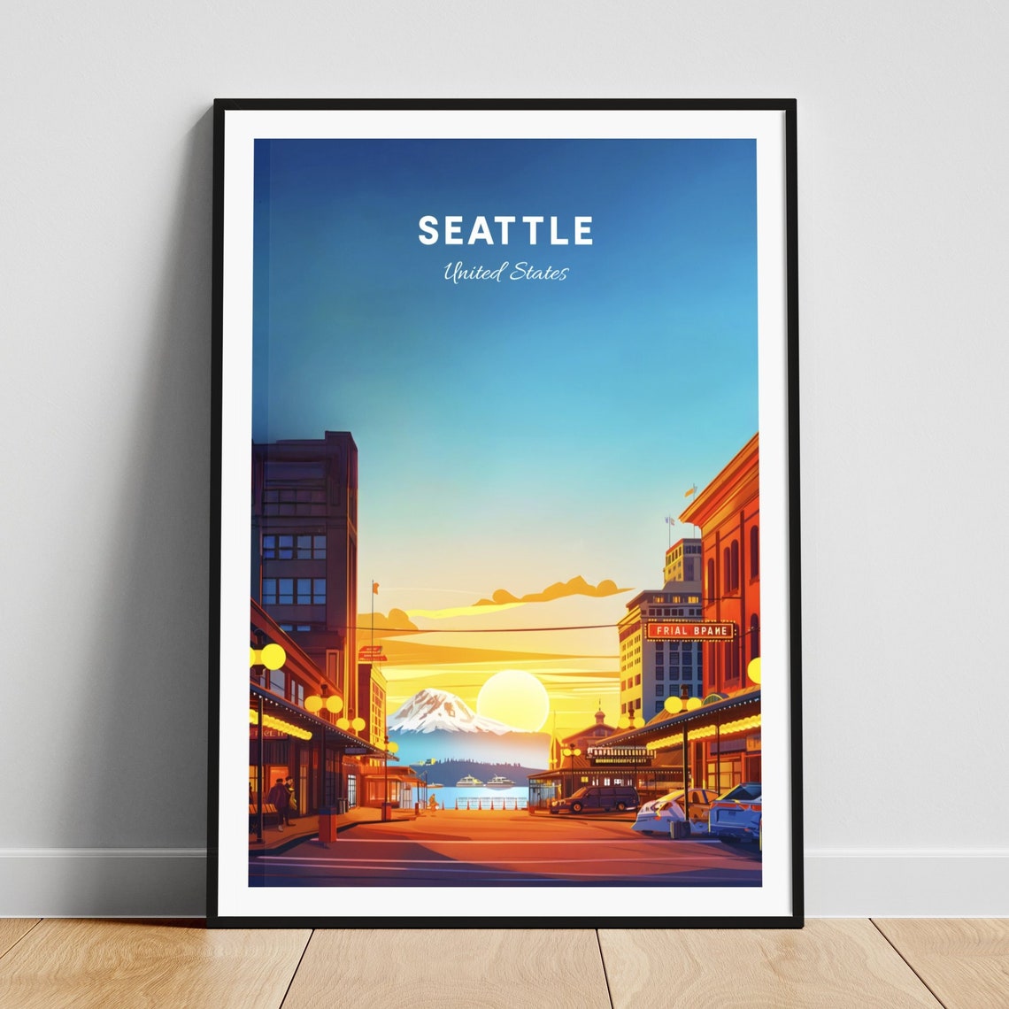Seattle Washington Mount Rainier Street Sunset Scene Travel Poster