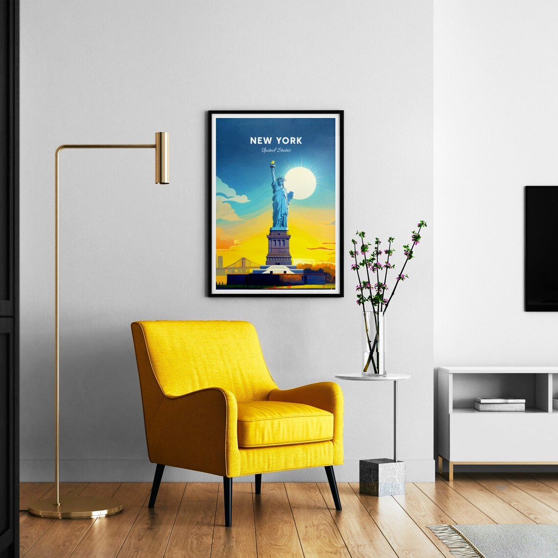 New York Statue of Liberty Sunset Bridge Sky Vintage Travel Poster - Image 3