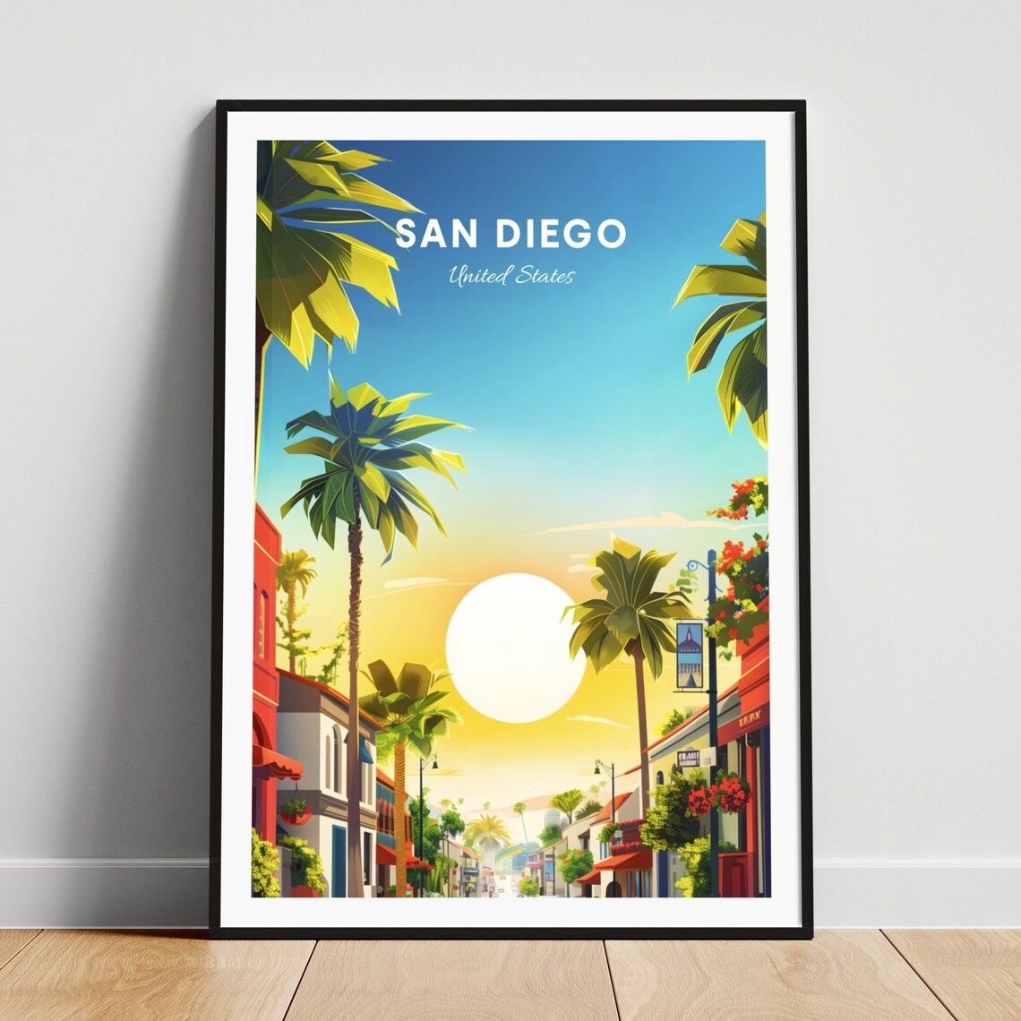 San Diego California Palm Lined Street Sunrise Travel Poster