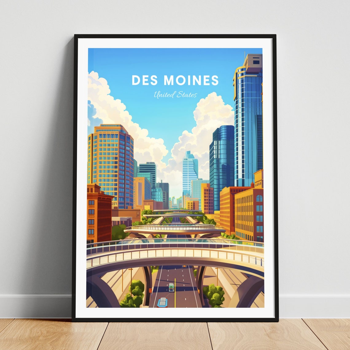 Des Moines Downtown Skywalk Highway Interchange Travel Poster
