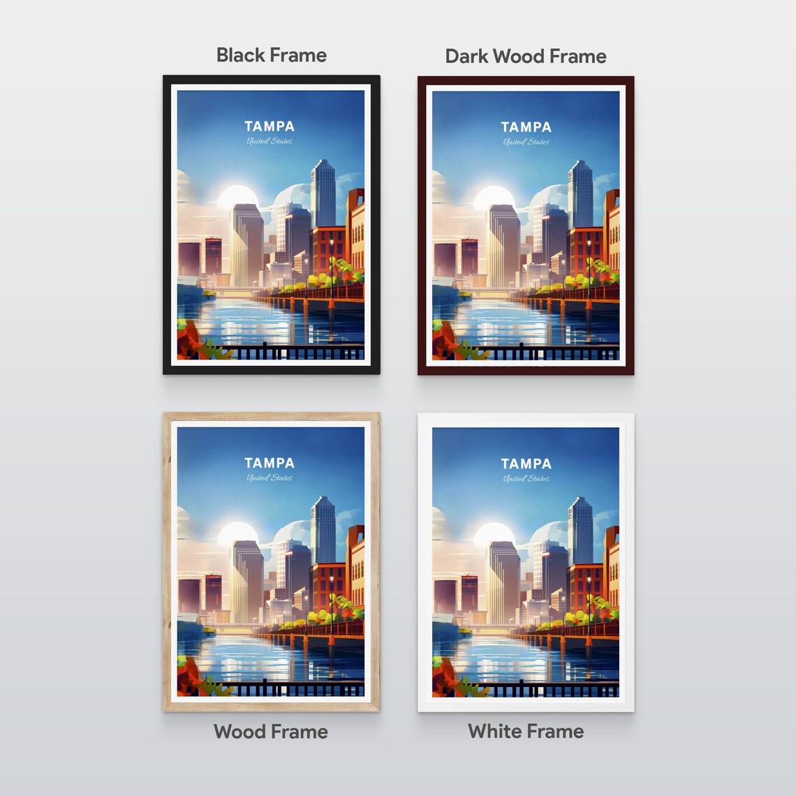Tampa Florida Riverwalk Downtown Skyline Sunny Day Travel Poster Art - Image 2