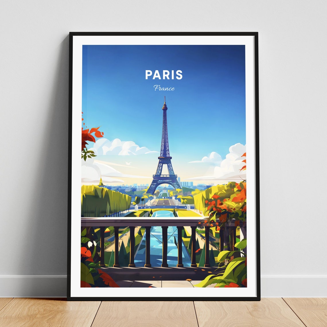 Paris France Eiffel Tower Terrace Garden View Vintage Travel Poster