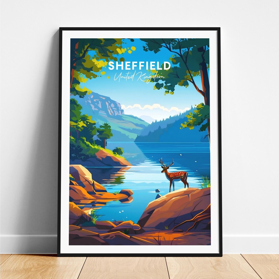 Sheffield Sunny Lakeside Deer Green Hills England Travel Poster