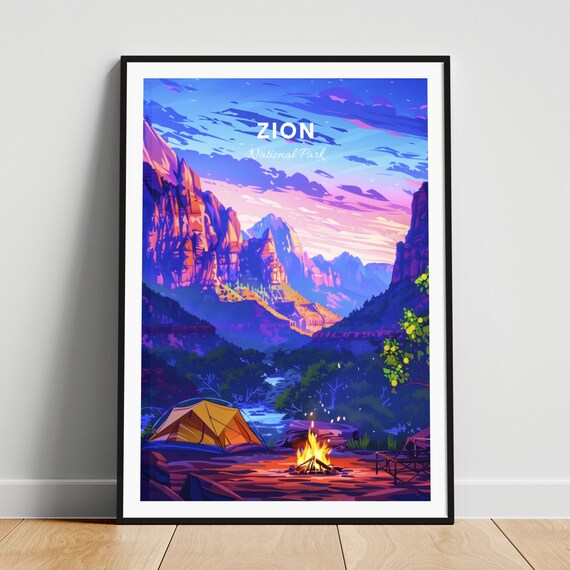 Zion National Park Red Rock Canyon Campfire Tent Dusk Travel Poster