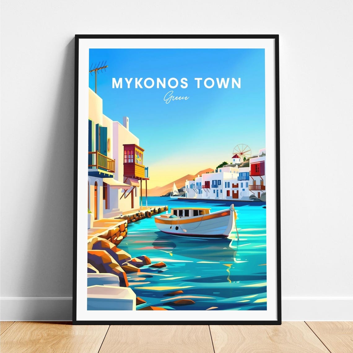 Mykonos Town Greece Harbor Boat Windmill Sunset View Travel Poster