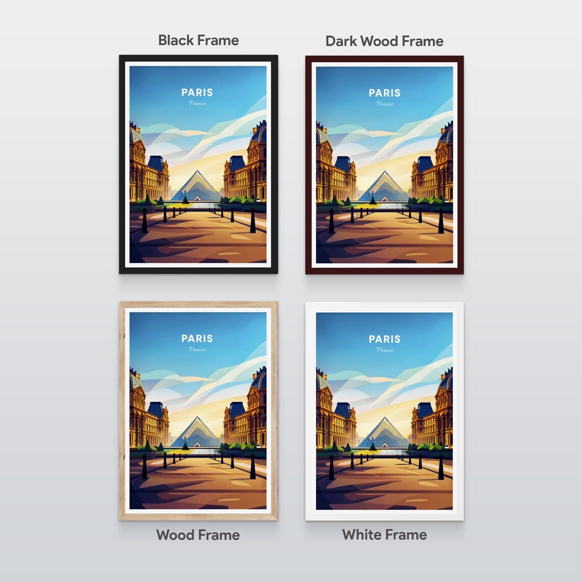 Paris France Louvre Pyramid Sunset Courtyard Glass Travel Poster - Image 2
