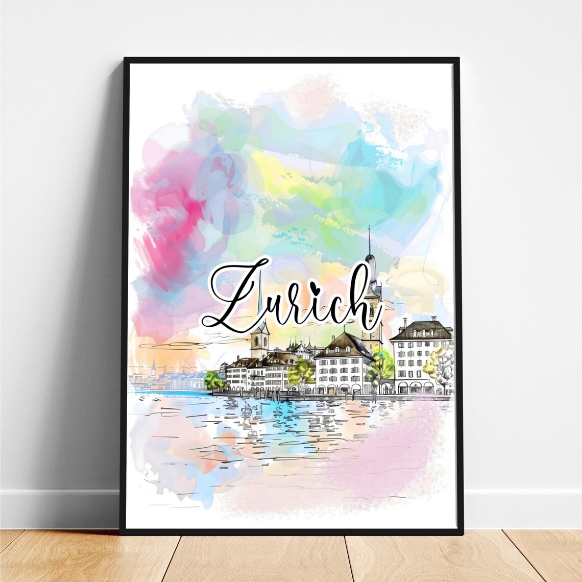 Zurich Switzerland Old Town Waterfront Watercolor Travel Poster