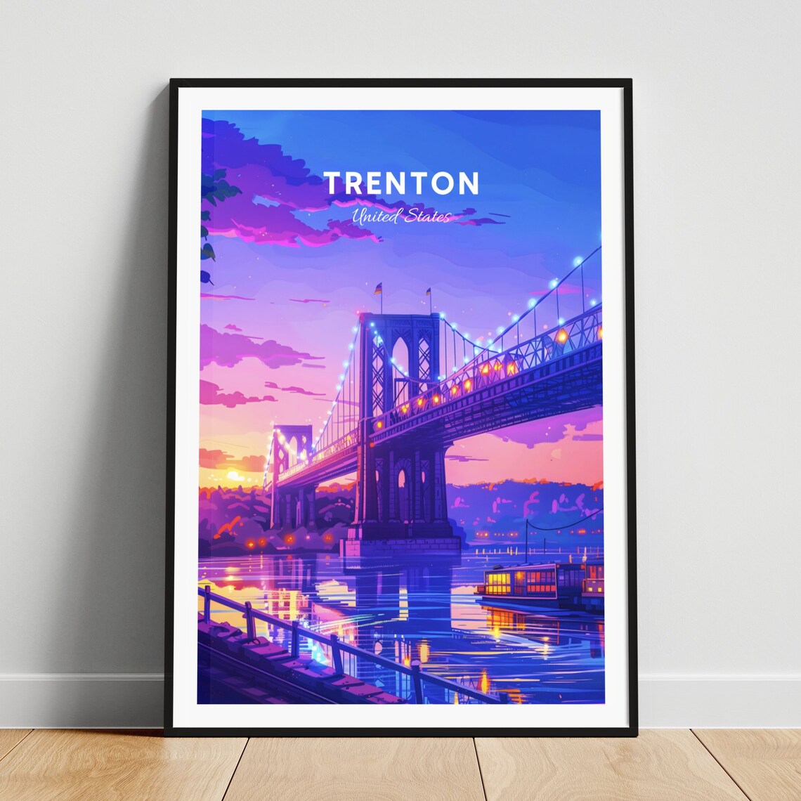 Trenton New Jersey Sunset Suspension Bridge Over River Travel Poster