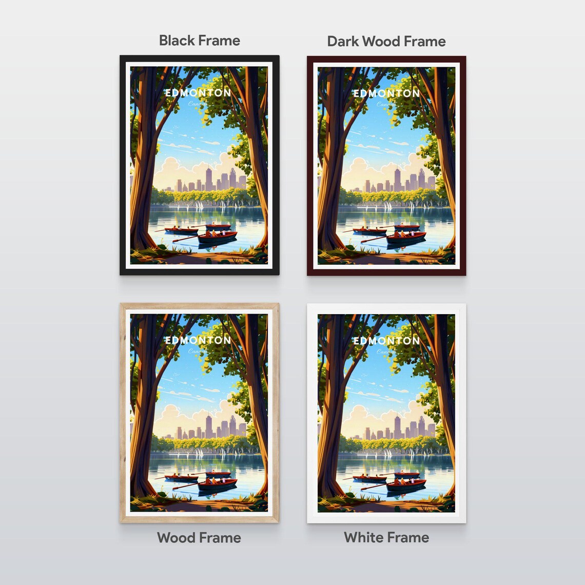 Edmonton Canada Lake Rowboats Park Trees Skyline View Travel Poster - Image 2