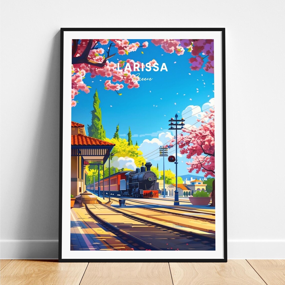 Larissa Greece Steam Locomotive at Station with Cherry Blossoms Poster