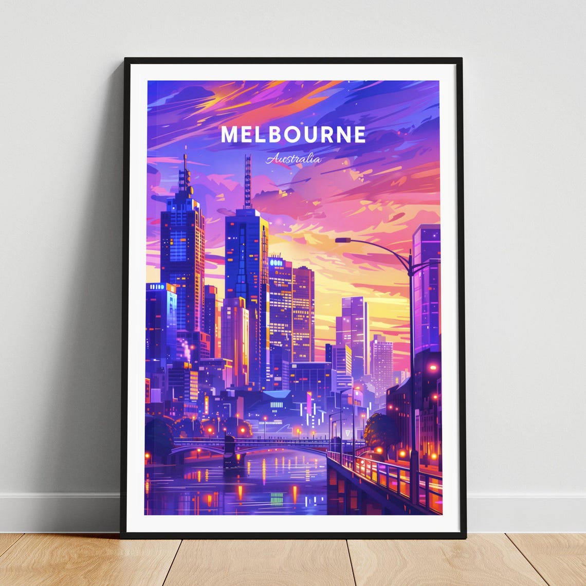 Melbourne Australia Sunset Skyline Yarra River Purple Travel Poster