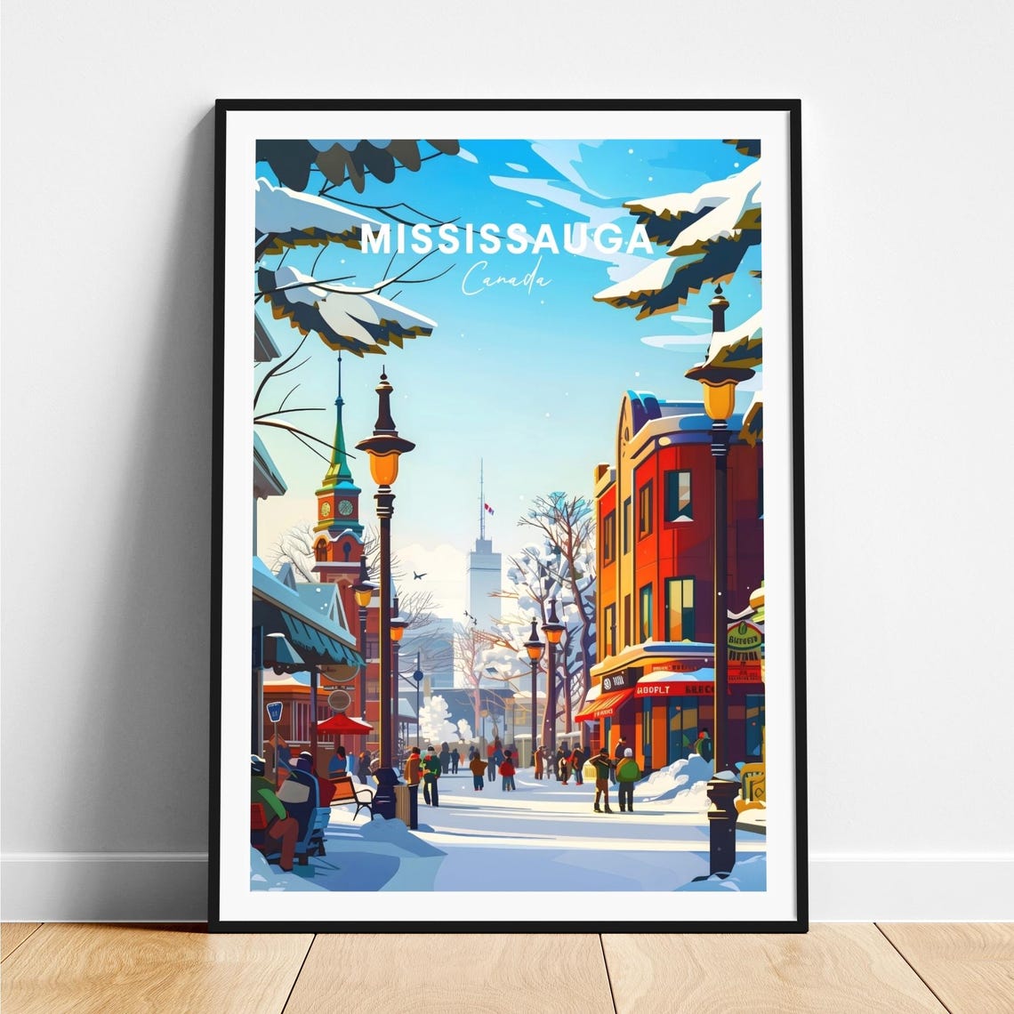 Mississauga Canada Snowy Main Street Clock Tower Crowd Poster