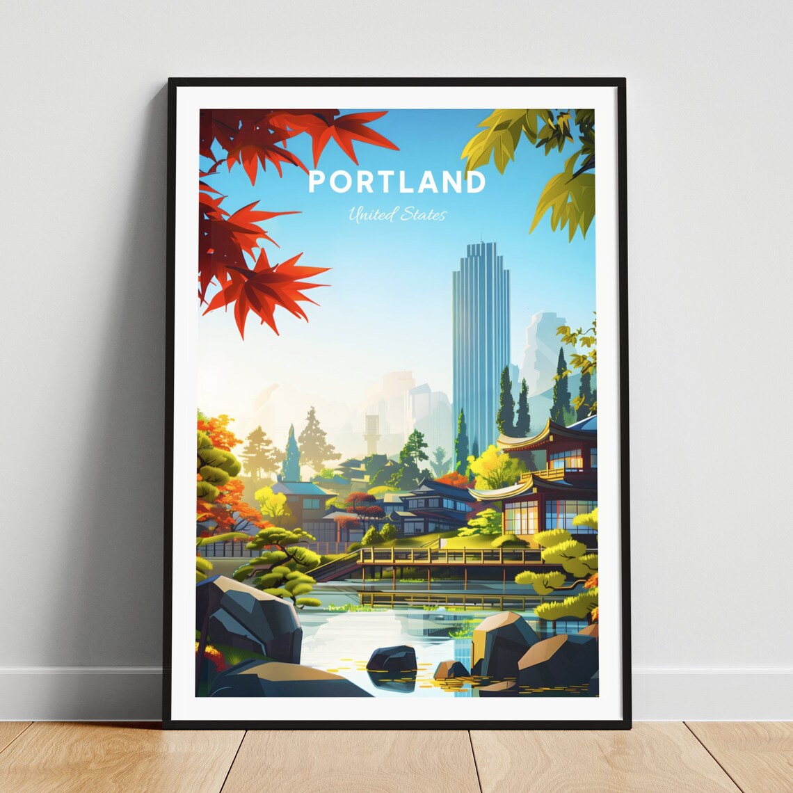 Portland Japanese Garden Pavilion and Pond in Autumn Travel Poster