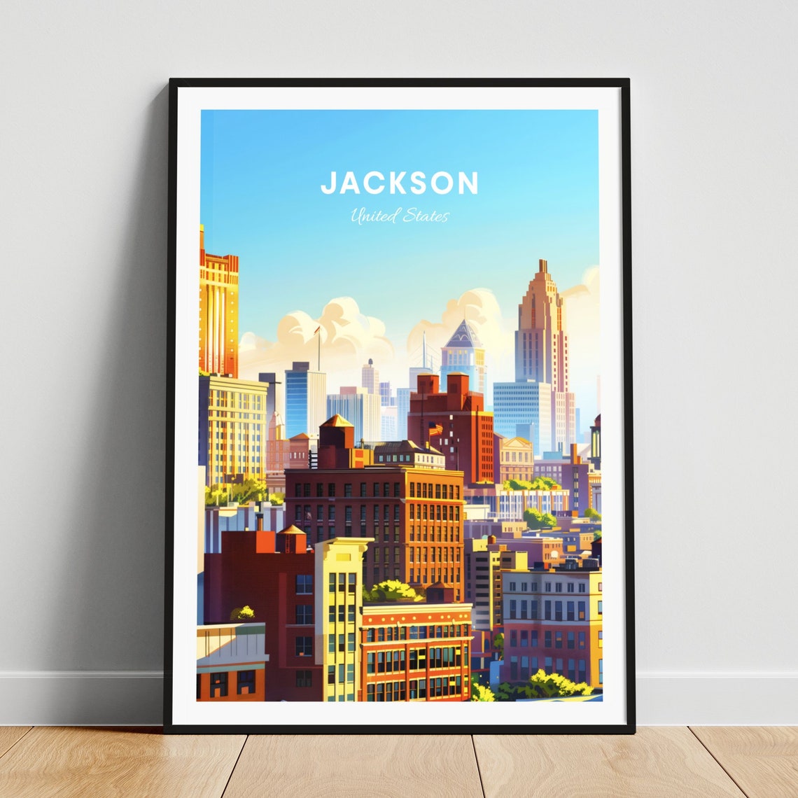 Jackson Sunny Downtown Brick High Rises Blue Sky Travel Poster