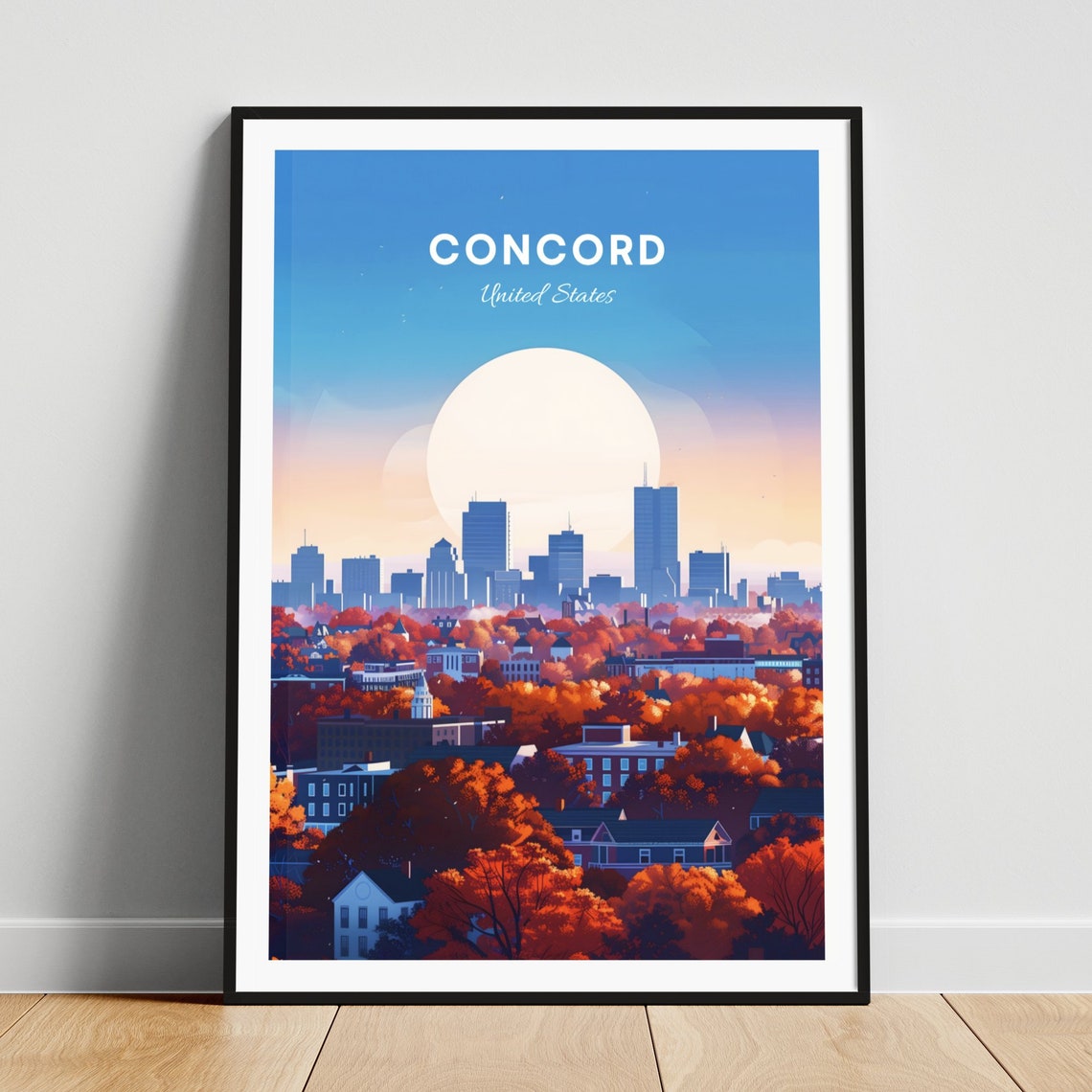 Concord New Hampshire Autumn Moon Over Skyline Travel Poster