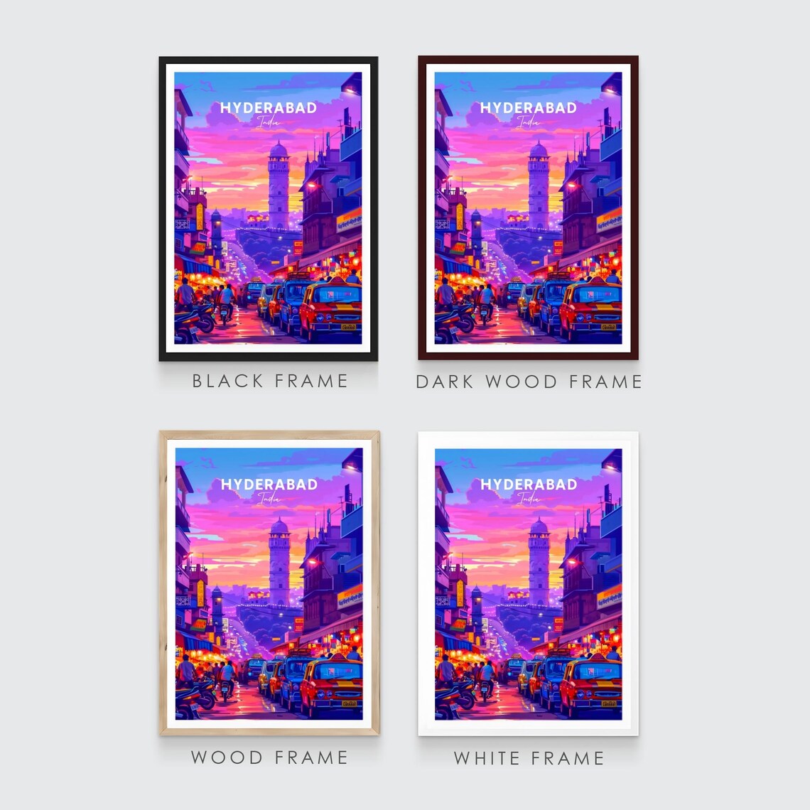 Hyderabad India Old City Neon Street Sunset Tower Taxis Travel Poster - Image 3