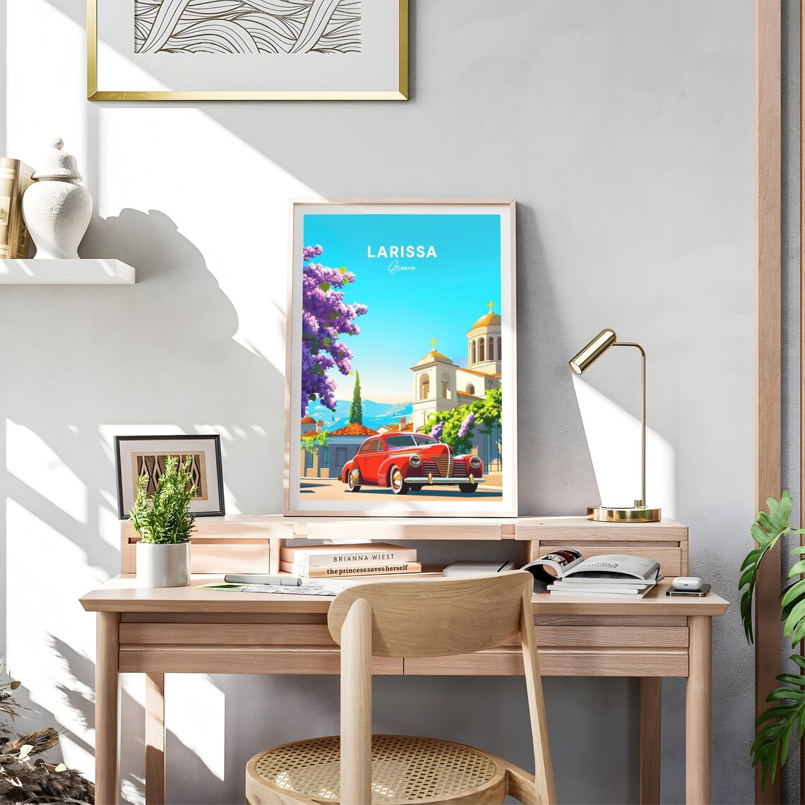 Larissa Greece Red Vintage Car by Church with Jacaranda Trees Poster - Image 4